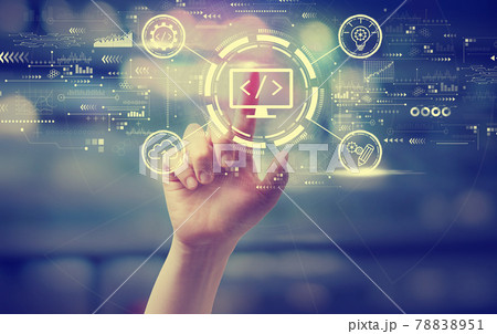 Web development concept with a hand pressing a button 78838951