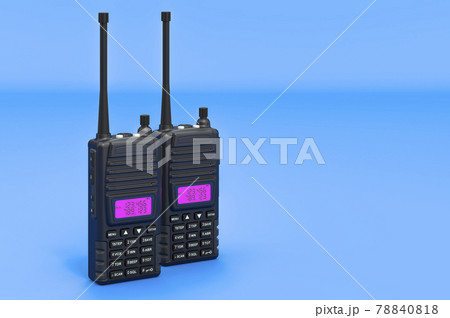 Portable radios walkie-talkie on blue backdrop, 3D rendering Portable radios walkie-talkie on blue backdrop, 3D rendering 78840818