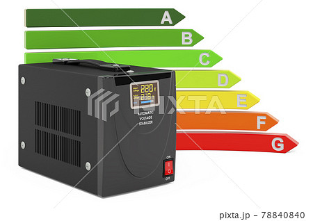 Voltage stabilizer with energy efficiency chart, 3D rendering Voltage stabilizer with energy efficiency chart, 3D rendering 78840840