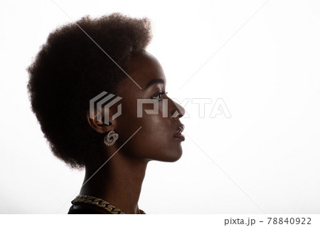 Close up portrait of black african american woman with afro hairstyle on white studio background Close up portrait of black african american woman with afro hairstyle on white studio background 78840922