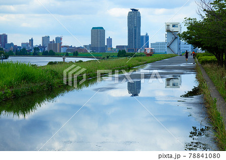 雨上がりの荒川の土手と水たまりに映える景観　高層ビル　芝川水門　都市農業公園横 78841080