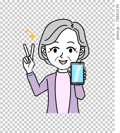 スマホを持ってピースサインをするシニア 女性 78841539