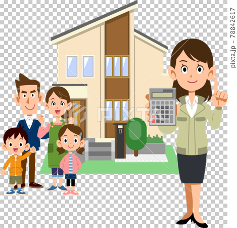 家族と電卓を見せる工務店の女性と住宅 家族と電卓を見せる工務店の女性と住宅 78842617
