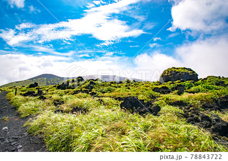 東京都大島町の伊豆大島にある火山三原山山頂で見た溶岩石の風景 78843722