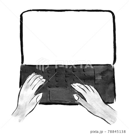 ノートパソコンで入力する手元(墨で描いた人物） 78845138