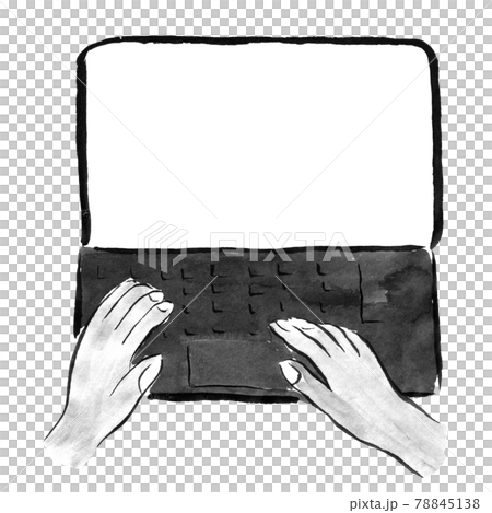 ノートパソコンで入力する手元(墨で描いた人物） 78845138