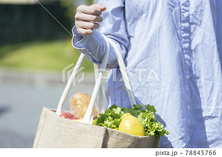 エコバッグに入った野菜やパンを持つ女性の手元の写真素材