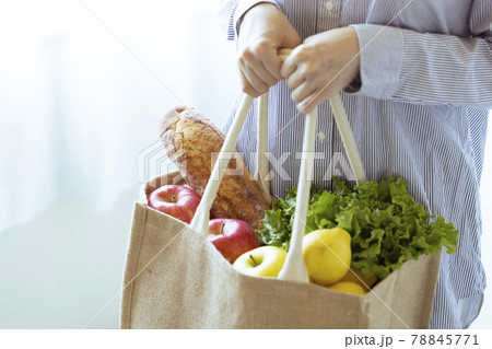エコバッグに入った野菜やパンを持つ女性の手元 エコバッグに入った野菜やパンを持つ女性の手元 78845771