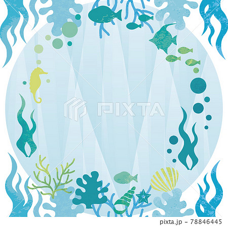 夏 海 水中 魚 シルエット フレーム アブストラクト 水彩 コピースペース 背景 イラストのイラスト素材