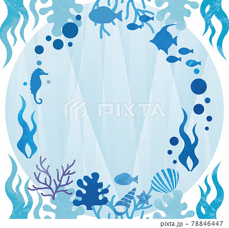 夏 海 水中 魚 シルエット フレーム アブストラクト 水彩 コピースペース 背景 イラストのイラスト素材