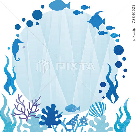 夏 海 水中 魚 シルエット フレーム アブストラクト 水彩 コピースペース 背景 青 イラストのイラスト素材