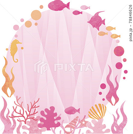 夏 海 水中 魚 シルエット フレーム アブストラクト 水彩 コピースペース 背景 ピンク イラストのイラスト素材