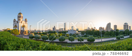 Temple in spring or summer in beautiful orange sunset light. Temple on Blood, Yekaterinburg, Russia Temple in spring or summer in beautiful orange sunset light. Temple on Blood, Yekaterinburg, Russia 78846692