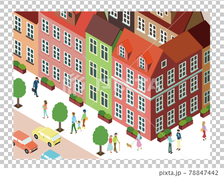 Bright European-style cityscape, walking people Bright European-style cityscape, walking people 78847442