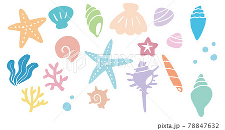 シンプルで可愛い海辺の装飾イラスト 貝殻 珊瑚 ヒトデのイラスト素材