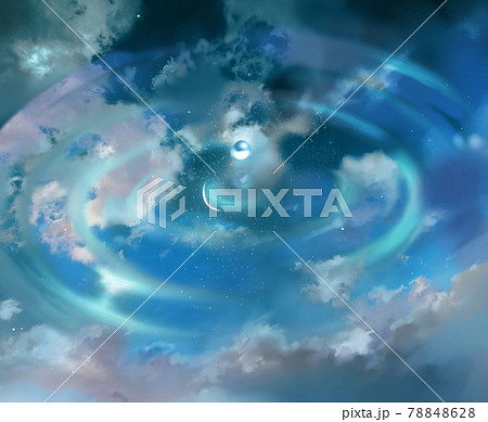夜空に浮かぶ雲と星空と三日月が水面に反射して波打つイラストのイラスト素材