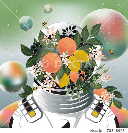 Vector illustration. Space helmet of the astronaut is filled in flowers on a background of planets. Design for picture frame, poster, brochure and science fiction 78848903