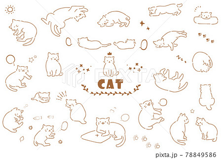 かわいい手描きの猫のイラストセット 線画のイラスト素材