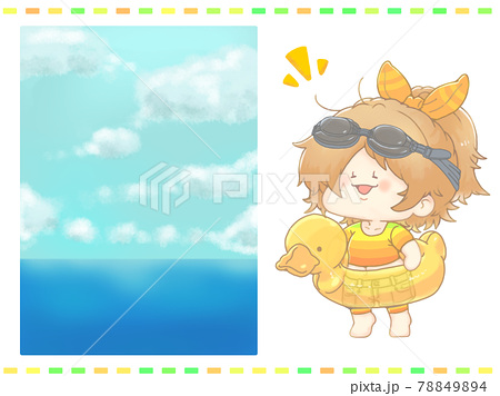 水着 あひる浮き輪 夏の青空と海セット イエローverのイラスト素材 7494