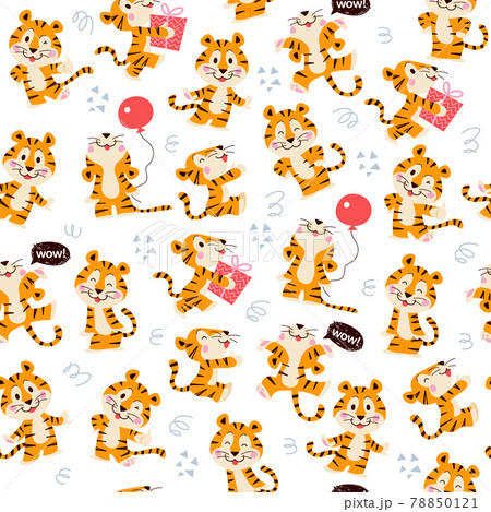 Seamless pattern with cute little tiger characters walk, jump, carry gift box, hold air balloon isolated.  78850121