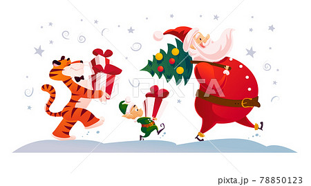 Merry Christmas illustration with Santa Claus, elf and tiger carry presents and fir tree isolated. 78850123