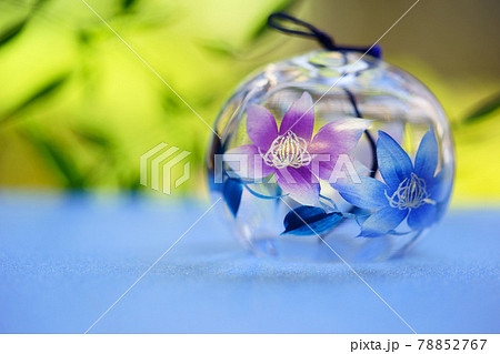 縁側に置いた卓上の風鈴・クレマチスの花3 78852767