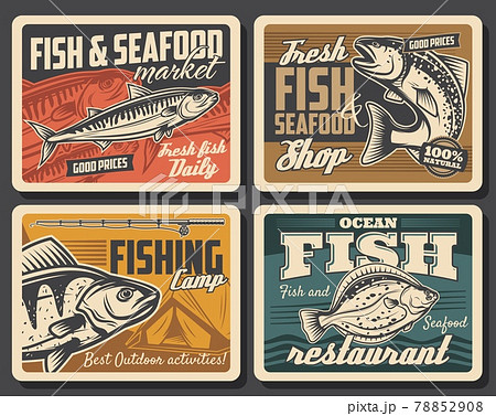Fish and seafood, fishing sport retro posters Fish and seafood, fishing sport retro posters 78852908