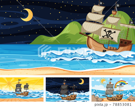 Set of ocean scenes at different times with Pirate ship in cartoon style Set of ocean scenes at different times with Pirate ship in cartoon style 78853081