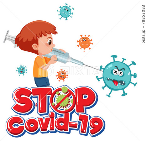 Stop Covid-19 logo or banner with cartoon character and covid-19 sign Stop Covid-19 logo or banner with cartoon character and covid-19 sign 78853083