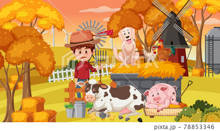 Farm scene with a farmer cartoon character and farm animals Farm scene with a farmer cartoon character and farm animals 78853346