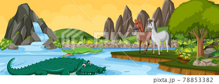 Panorama landscape scene with various wild animals in the forest 78853382