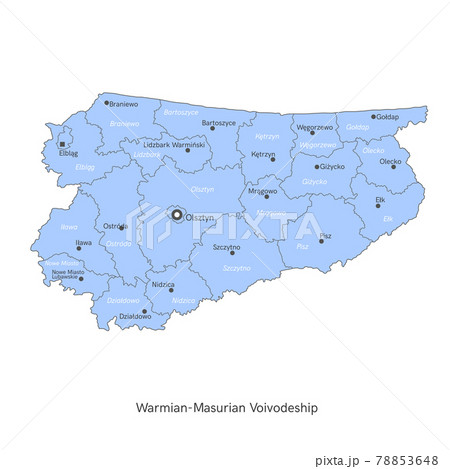 vector illustration: administrative map of Poland. Warmian-Masurian Voivodeship map with gminas vector illustration: administrative map of Poland. Warmian-Masurian Voivodeship map with gminas 78853648