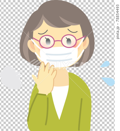 イラスト素材 年配の女性が感染症対策でマスクを着用するが息苦しく眼鏡も曇り困っている姿のイラスト素材 イラスト素材 年配の女性が感染症対策でマスクを着用するが息苦しく眼鏡も曇り困っている姿のイラスト素材