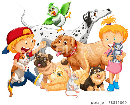Group of pet with their owner on white background Group of pet with their owner on white background 78855069