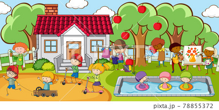 Outdoor scene with many kids playing in the park 78855372
