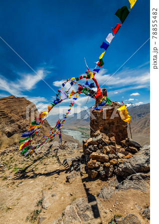Buddhist prayer flags lungta in Spiti Valley, India Buddhist prayer flags lungta in Spiti Valley, India 78855482