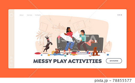 Messy Play Activities Landing Page Template. Naughty Hyperactive Children Characters Fighting on Pillows Making Mess 78855577