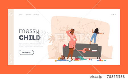 Messy Child Bad Behavior Landing Page Template. Mother Character Shocked with Little Girl Painting on Wall, Naughty Kid 78855588