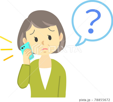イラスト素材 おばあさんが携帯電話で会話中に相手の声が聞こえづらく困惑する場面 のイラスト素材