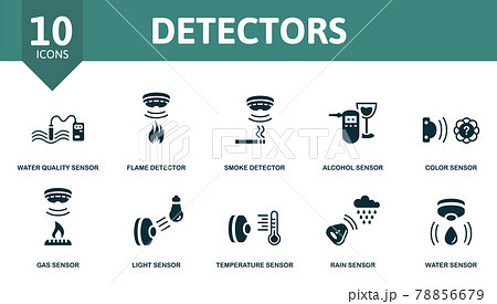 Detectors icon set. Contains editable icons sensor theme such as water quality sensor, smoke detector, color sensor and more. Detectors icon set. Contains editable icons sensor theme such as water quality sensor, smoke detector, color sensor and more. 78856679
