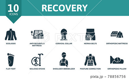 Recovery icon set. Contains editable icons trauma rehabilitation theme such as scoliosis, cervical collar, orthopedic mattress and more. 78856756