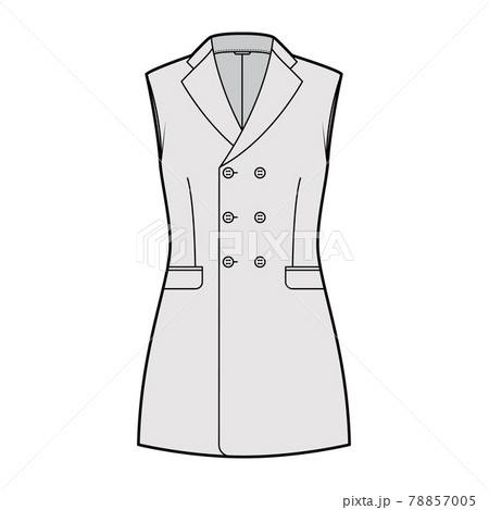 Sleeveless jacket lapelled vest waistcoat technical fashion illustration with double breasted fitted body, pockets. Flat Sleeveless jacket lapelled vest waistcoat technical fashion illustration with double breasted fitted body, pockets. Flat 78857005