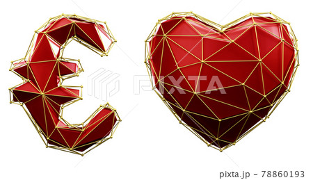 Symbol collection euro and heart made of 3d render red color. Collection of low polly style symbol 78860193