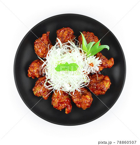 Hot Chicken Buldak Spicy Dish ontop slice Leek Bunching Onion Korean Food 78860507
