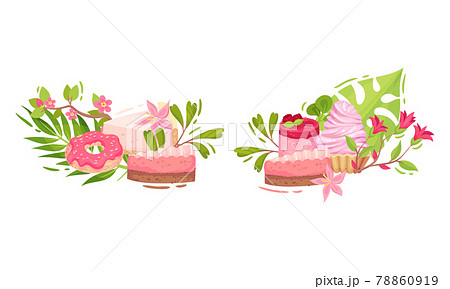 Sweet and Sugary Pink Confection with Green Foliage and Flower Vector Composition Set 78860919