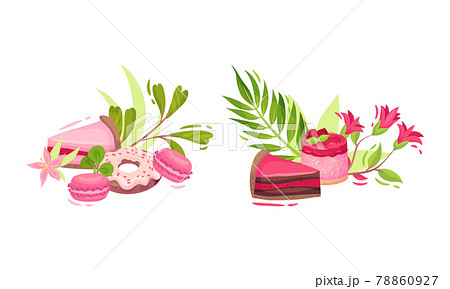 Sweet and Sugary Pink Confection with Green Foliage and Flower Vector Composition Set 78860927