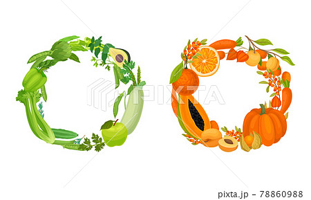 Fruit and Vegetable Wreath with Fresh and Ripe Garden Crops Vector Set 78860988