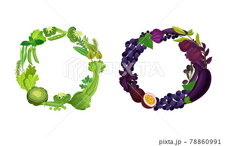 Fruit and Vegetable Wreath with Fresh and Ripe Garden Crops Vector Set Fruit and Vegetable Wreath with Fresh and Ripe Garden Crops Vector Set 78860991