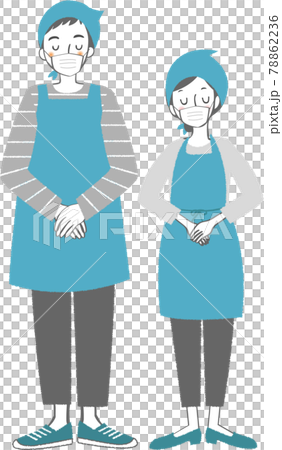 マスクとエプロンをして手を前に合わせる男性と女性 のイラスト素材 マスクとエプロンをして手を前に合わせる男性と女性 のイラスト素材