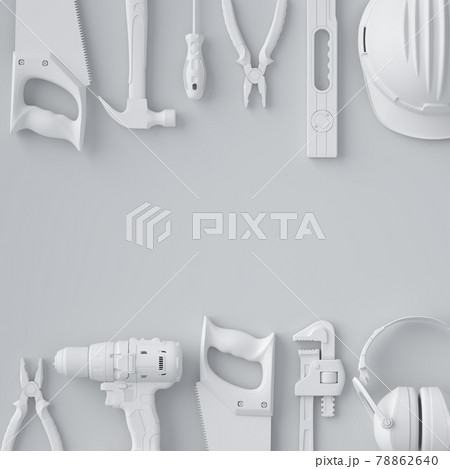 Top view of monochrome construction tools for repair and installation on white Top view of monochrome construction tools for repair and installation on white 78862640